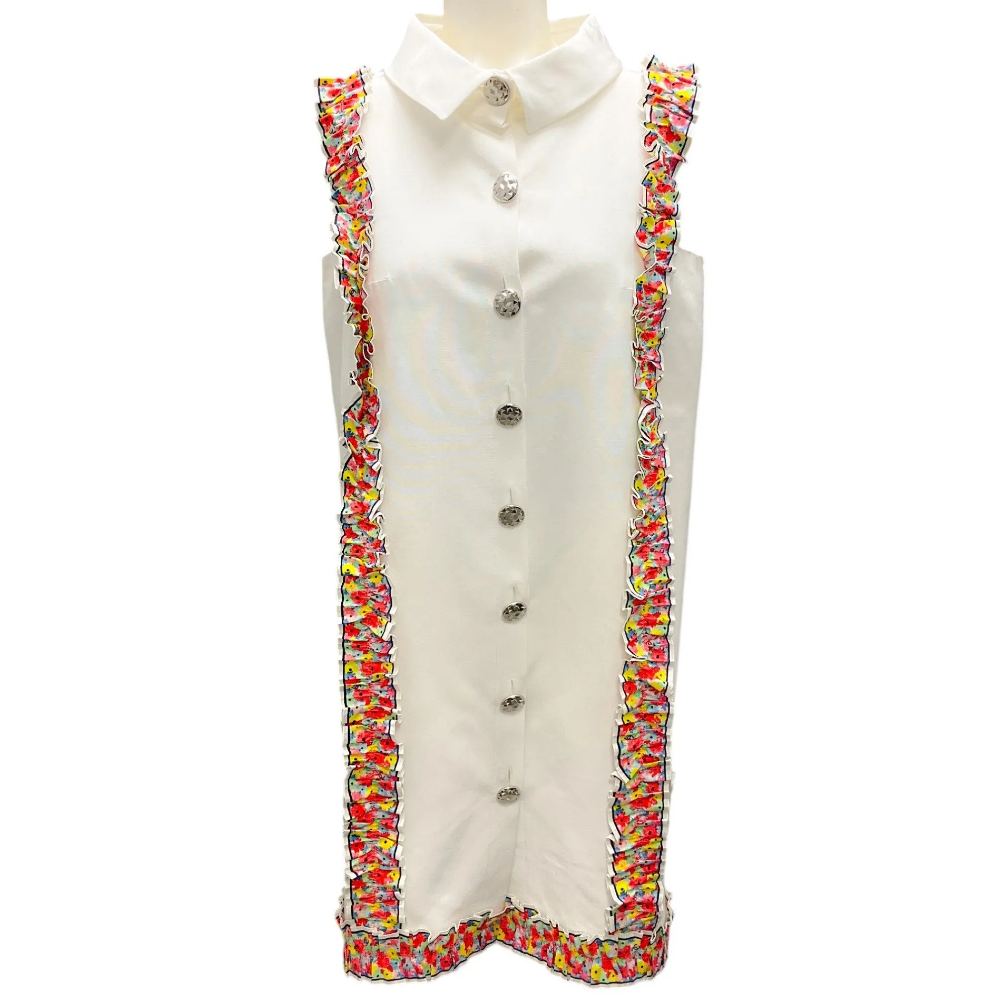 Chanel Ivory Multi Ruffle Trim Button-front Sleeveless Dress