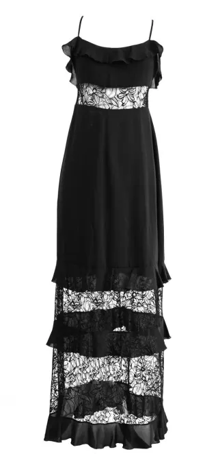 CHANEL Silk Long Black Dress with Chantilly Camelia Lace FR36 (Collection 95C)