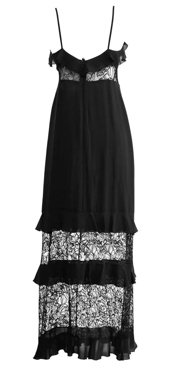CHANEL Silk Long Black Dress with Chantilly Camelia Lace FR36 (Collection 95C)