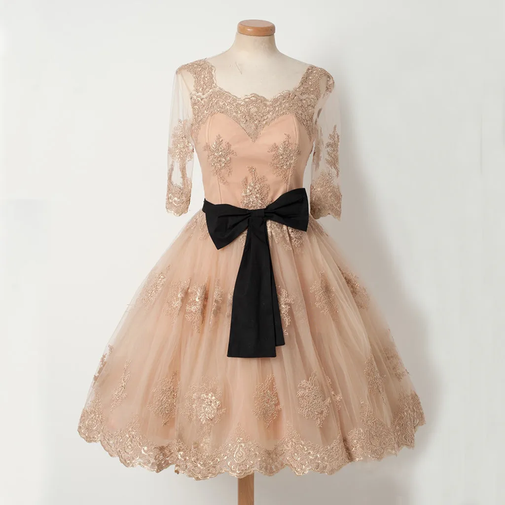 Charming Lace A-Line Homecoming Dress, Short Sleeve Tulle Homecoming Dress, D1320