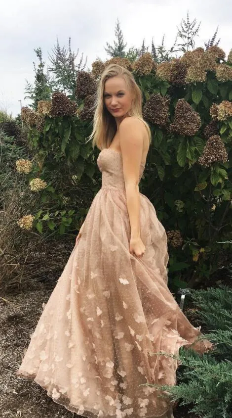 Charming Pink Strapless Tulle Long Cheap Prom Dresses With Applique, TYP1428