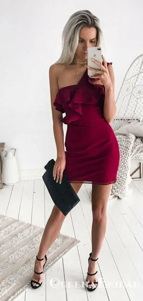 Charming Sheath One shoulder  Burgundy Satin Short Cheap Ruffles Homecoming Dresses, QB0904