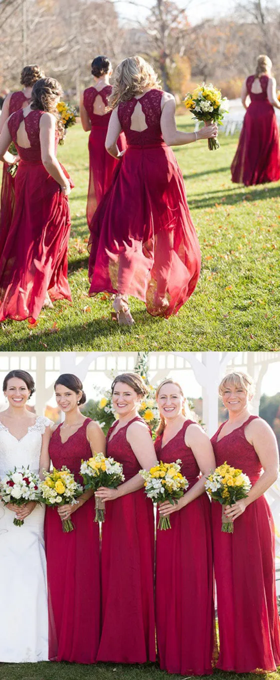 Cheap Lace Top A Line Open Back Chiffon Long Wedding Bridesmaid Dresses, BGP283