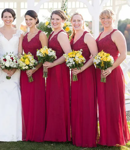 Cheap Lace Top A Line Open Back Chiffon Long Wedding Bridesmaid Dresses, BGP283