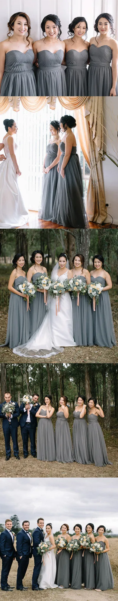 Cheap Long Elegant Pleated Strapless Sweetheart Dark Grey Chiffon Wedding Party Bridesmaid Dress, AB1167