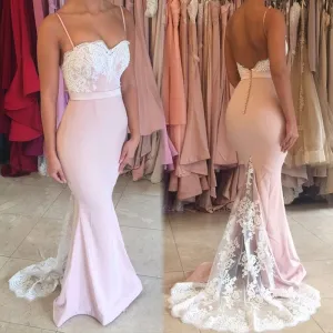 Cheap Mermaid Backless Pink Lace Formal Prom Dresses