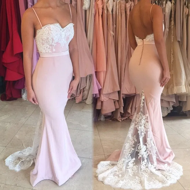 Cheap Mermaid Backless Pink Lace Formal Prom Dresses