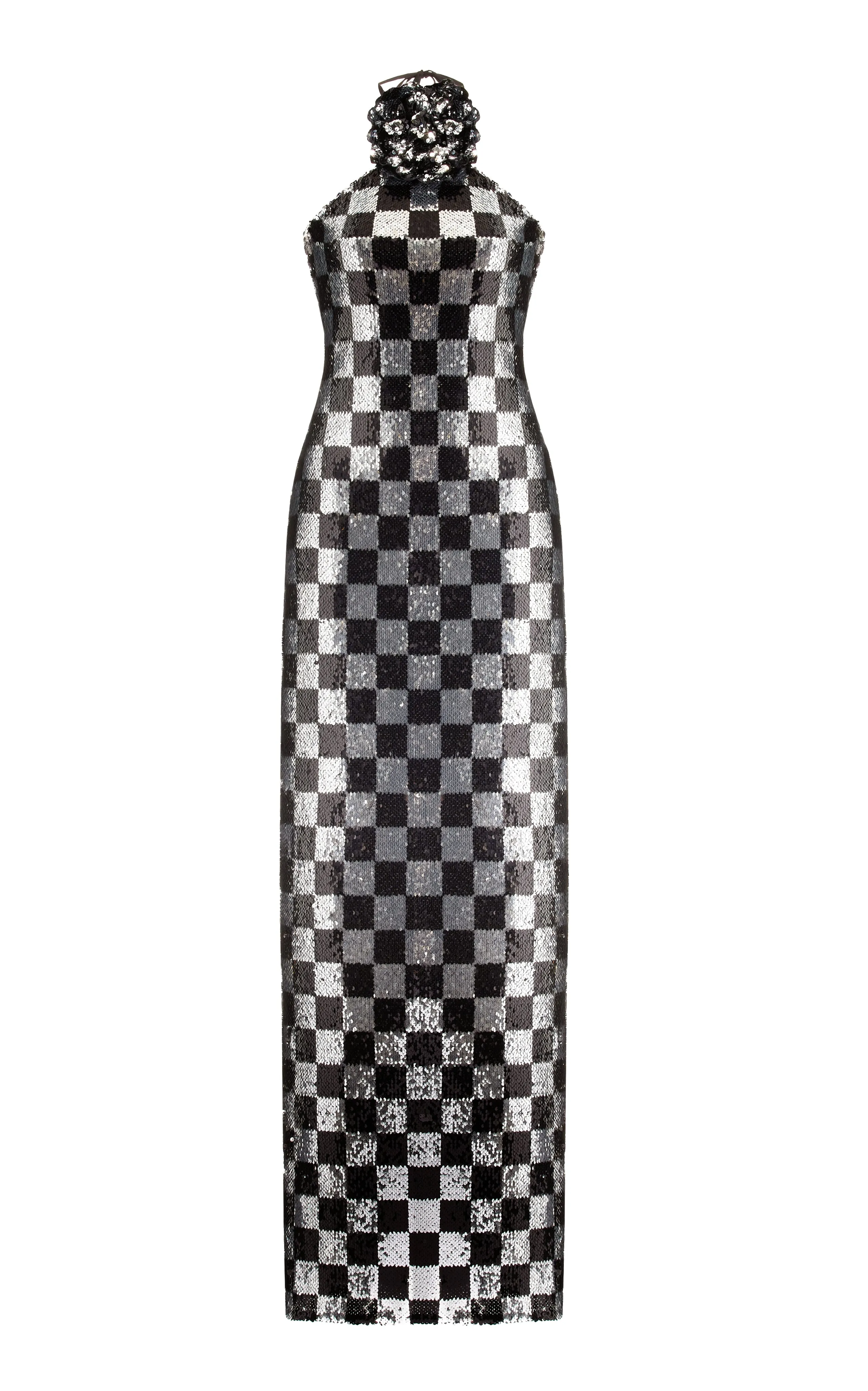 Checkerboard Sequin Halter Gown With Flower Detail