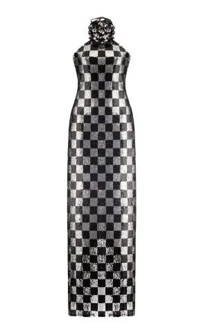 Checkerboard Sequin Halter Gown With Flower Detail