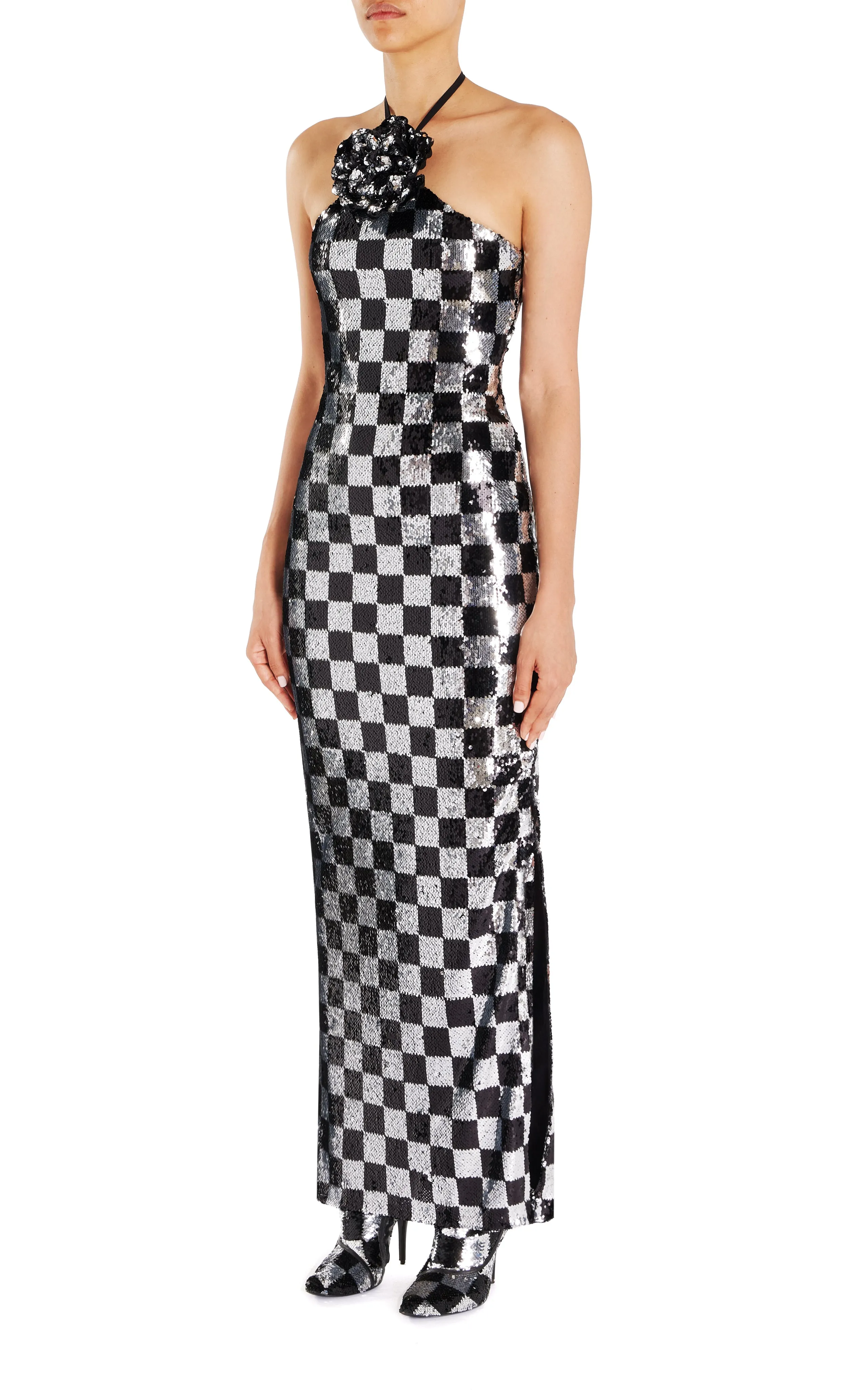 Checkerboard Sequin Halter Gown With Flower Detail