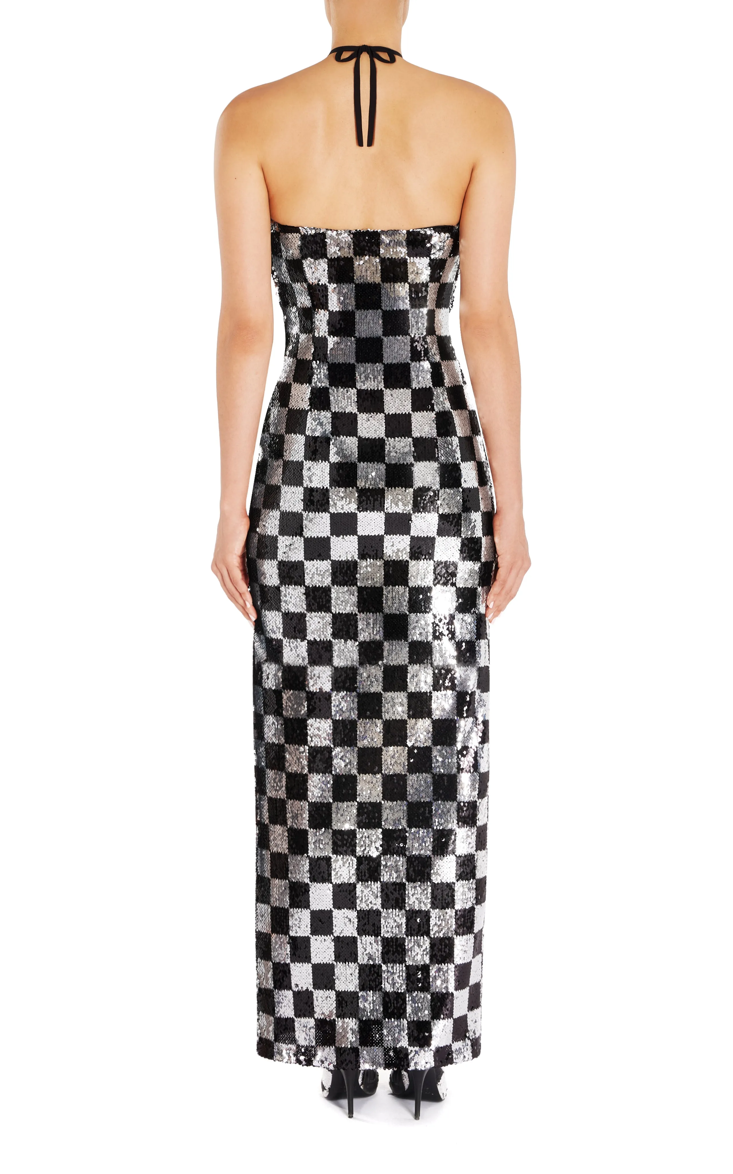 Checkerboard Sequin Halter Gown With Flower Detail