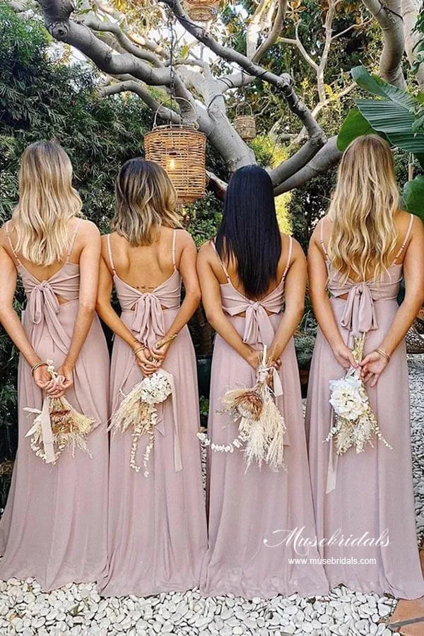 Chiffon A-line Spaghetti Straps Floor Length Budget Bridesmaid Dresses, MBD197