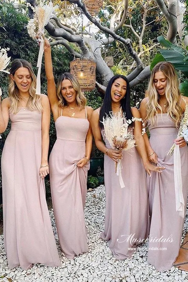 Chiffon A-line Spaghetti Straps Floor Length Budget Bridesmaid Dresses, MBD197