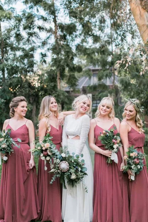 Chiffon A-line V-neck Spaghetti Straps Pleated Long Bridesmaid Dresses, MBD205