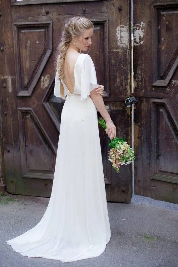 Chiffon Beach Wedding Gown with V Back