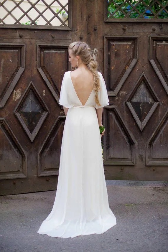 Chiffon Beach Wedding Gown with V Back