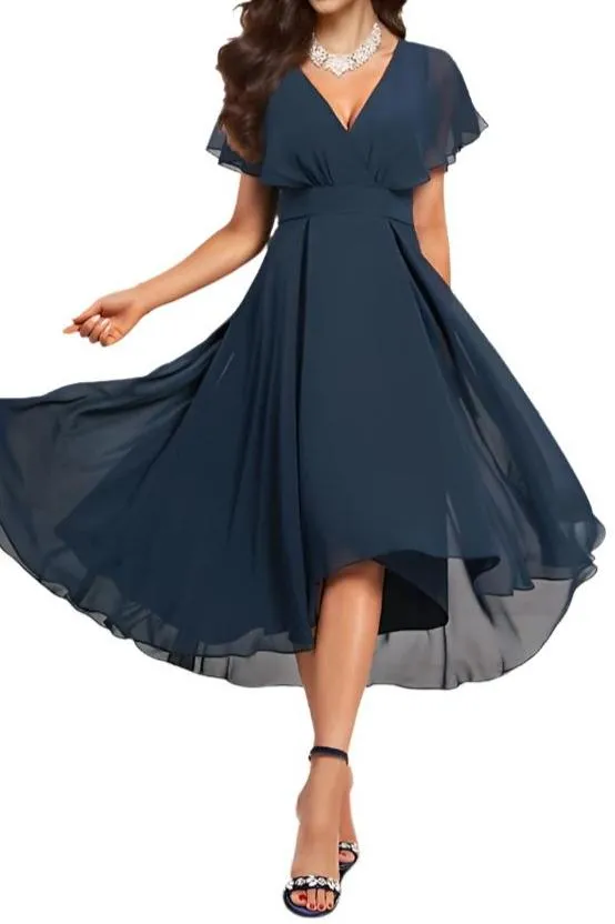 Chiffon Deep V Neck Short Sleeves Mother of The Bride Dresses