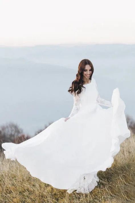 Chiffon Long Sleeve Illusion Wedding Dress With Deep V-back And Court Train-715871