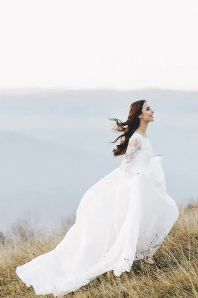Chiffon Long Sleeve Illusion Wedding Dress With Deep V-back And Court Train-715871