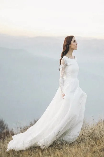 Chiffon Long Sleeve Illusion Wedding Dress With Deep V-back And Court Train-715871