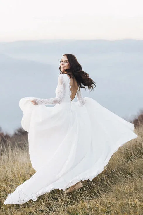 Chiffon Long Sleeve Illusion Wedding Dress With Deep V-back And Court Train-715871