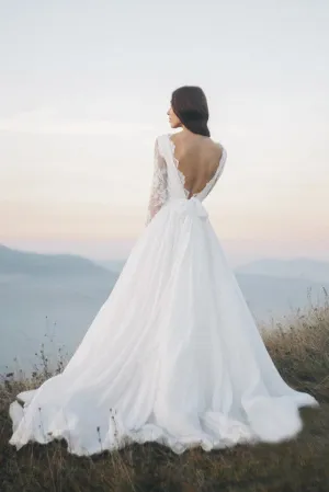 Chiffon Long Sleeve Illusion Wedding Dress With Deep V-back And Court Train-715871
