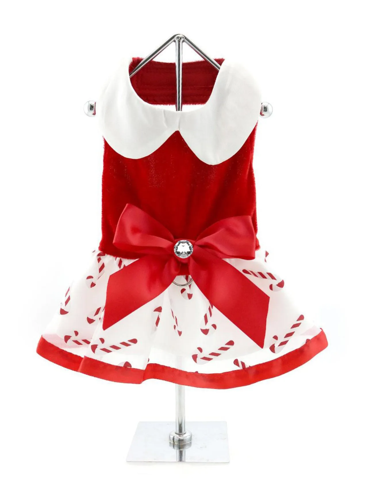 Christmas Candy Cane Rhinestone Dress with D Ring and Leash