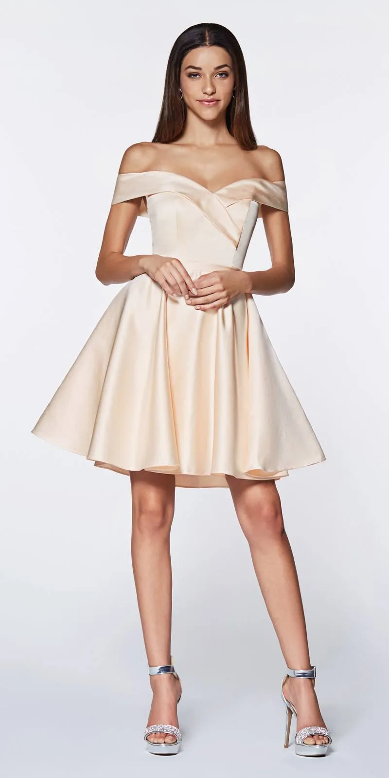 Cinderella Divine CD0140 Off the Shoulder Knee Length Satin Party Dress