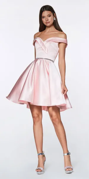Cinderella Divine CD0140 Off the Shoulder Knee Length Satin Party Dress