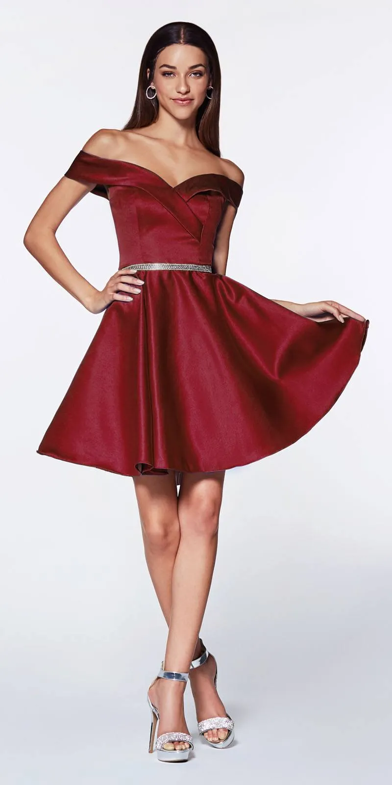 Cinderella Divine CD0140 Off the Shoulder Knee Length Satin Party Dress