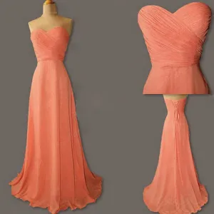 Coral Simple Sweet Heart Chiffon Lace Up Back Long Bridesmaid Dresses, BG51301