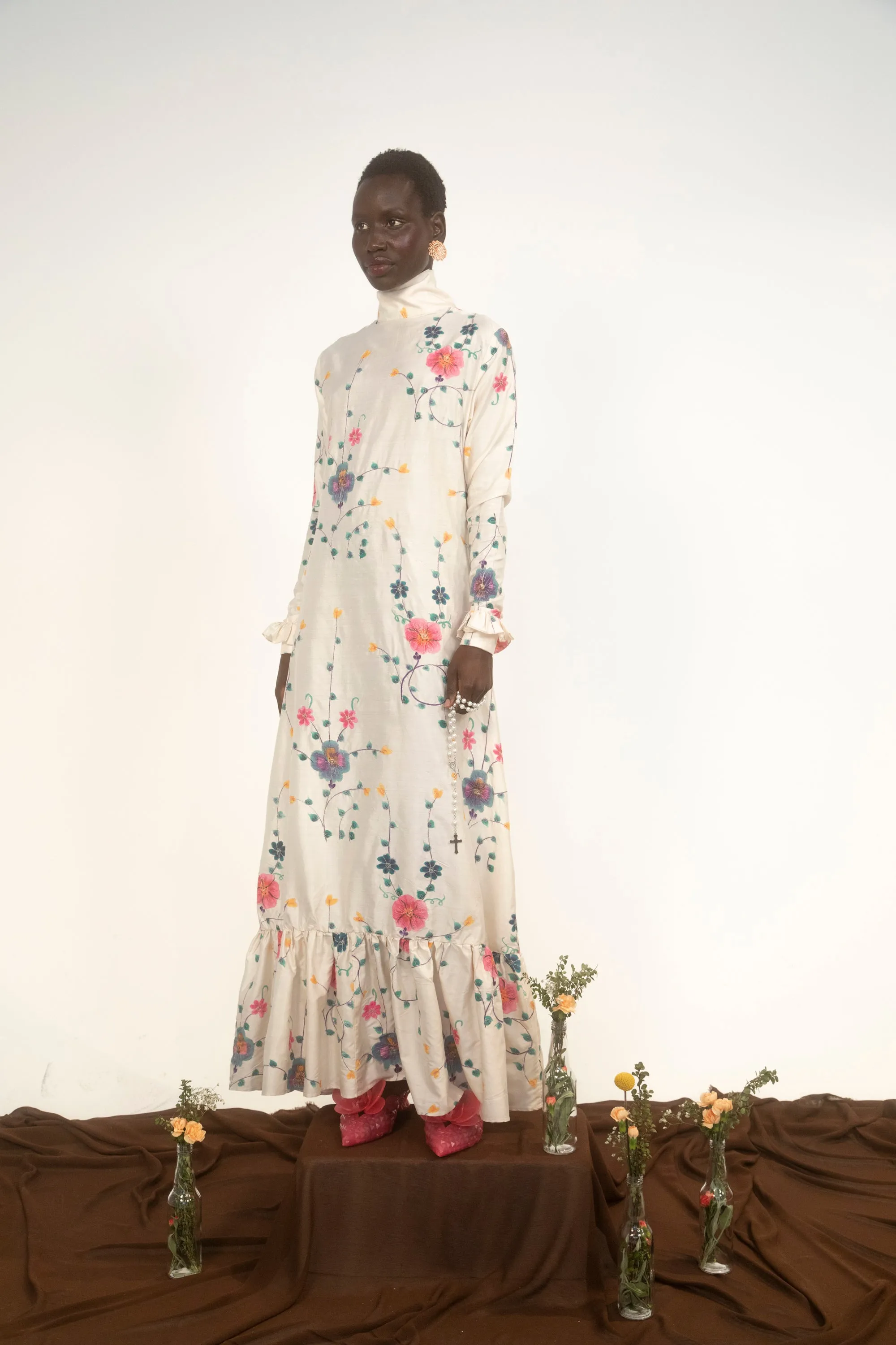 Country Girl Dress- Ivory Floral Silk Dupioni