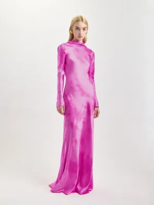 Cowl Back Silk Gown in Fuchsia Shibori