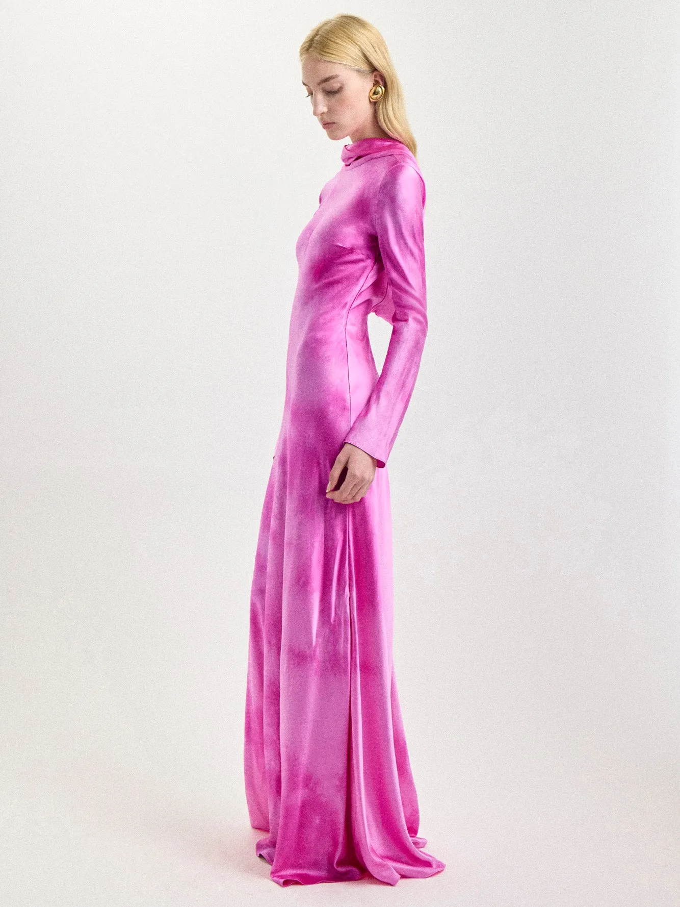 Cowl Back Silk Gown in Fuchsia Shibori