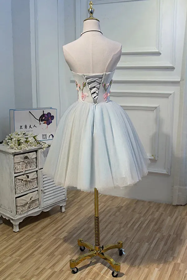 Cute Gray Tulle A-line Sweetheart Short Homecoming Dresses With Flowers, MH543