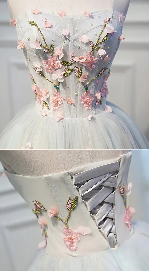 Cute Gray Tulle A-line Sweetheart Short Homecoming Dresses With Flowers, MH543