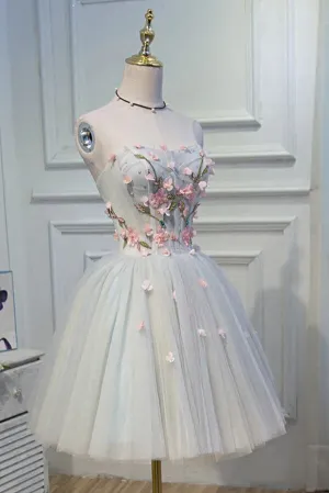 Cute Gray Tulle A-line Sweetheart Short Homecoming Dresses With Flowers, MH543