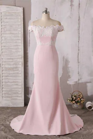 Cute Pink Off The Shoulder Neckline Lace Prom Dresses Bridesmaid Dress  PG638