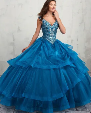 Deep V-Neck Dark Blue Quinceanera Dresses Beaded Organza Ruffles Ball Gown vestidos de quinceañera