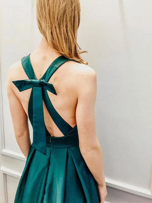 Deep V Neck Open Back Green Satin Long Prom, Long V Neck Green Formal Graduation Evening
