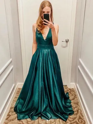 Deep V Neck Open Back Green Satin Long Prom, Long V Neck Green Formal Graduation Evening