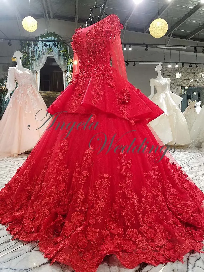 Delicate Coral Pink Ball Gown Lace Wedding Dresses with Flowers