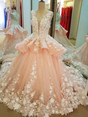Delicate Coral Pink Ball Gown Lace Wedding Dresses with Flowers