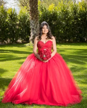 Delicate Red Tulle Quinceanera Dress Ball Gown Lace Appliques Sweetheart Princess Sweet 16 Dress vestidos de quinceañera