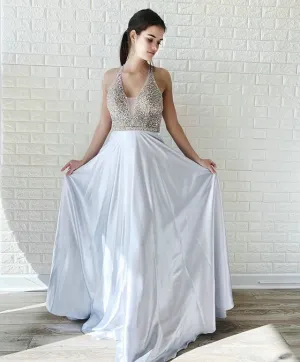 Delicate Silver Satin Prom Dresses Beaded Backless A-line Long Prom Gowns 2019