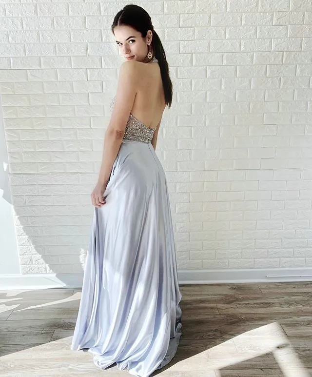 Delicate Silver Satin Prom Dresses Beaded Backless A-line Long Prom Gowns 2019
