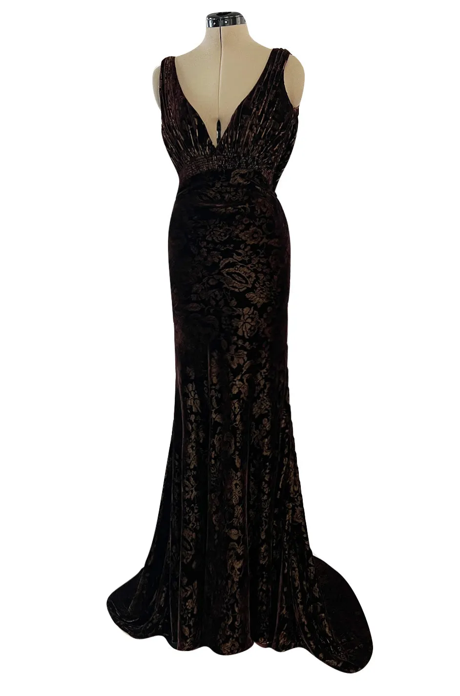 Documented Fall 2004 Richard Tyler Brown Printed Floral Velvet & Beaded Dress w Train & Plunge Back