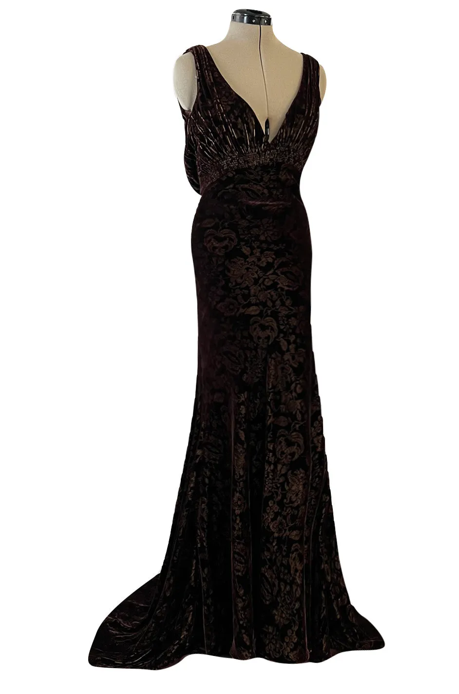 Documented Fall 2004 Richard Tyler Brown Printed Floral Velvet & Beaded Dress w Train & Plunge Back