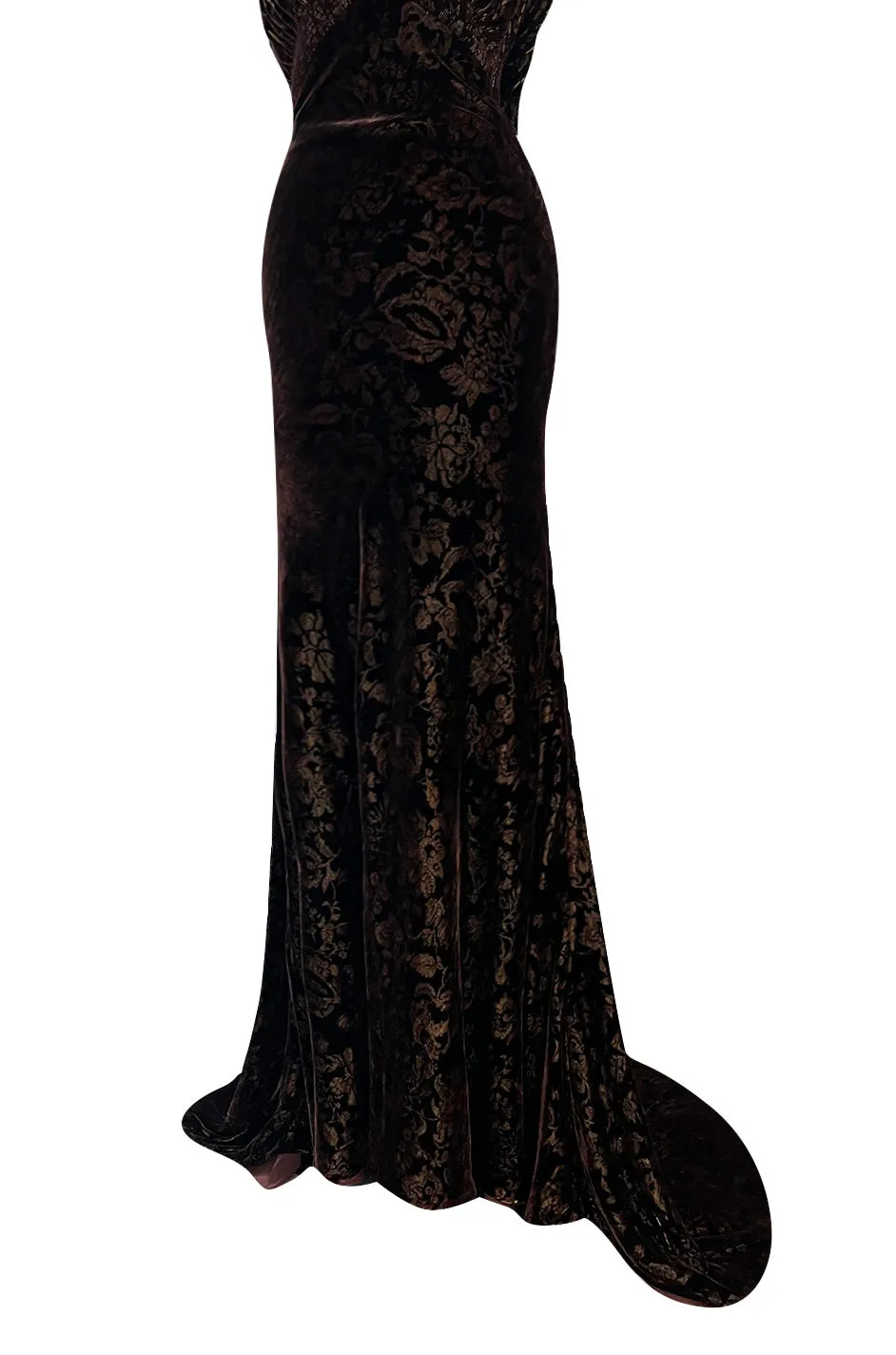 Documented Fall 2004 Richard Tyler Brown Printed Floral Velvet & Beaded Dress w Train & Plunge Back