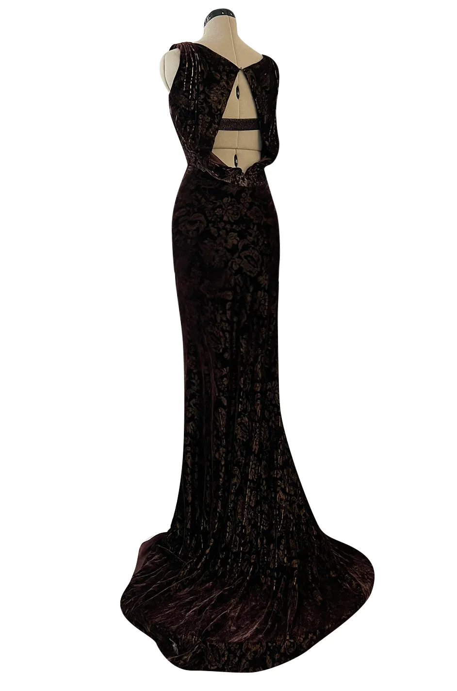 Documented Fall 2004 Richard Tyler Brown Printed Floral Velvet & Beaded Dress w Train & Plunge Back